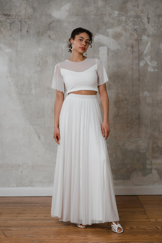 Bodenlanger Boho Brautrock aus gerafftem Chiffon