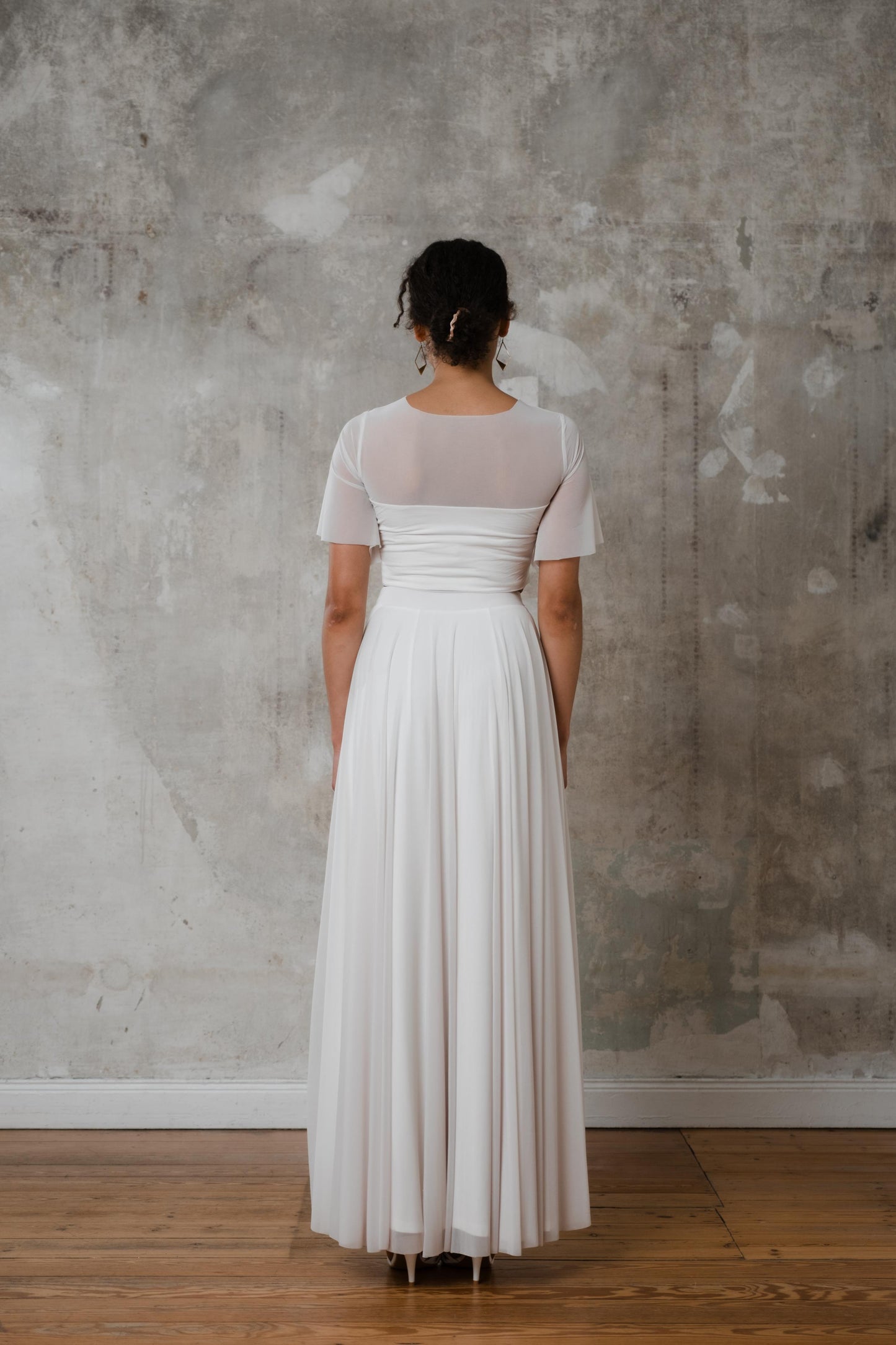Bodenlanger Boho Brautrock aus gerafftem Chiffon