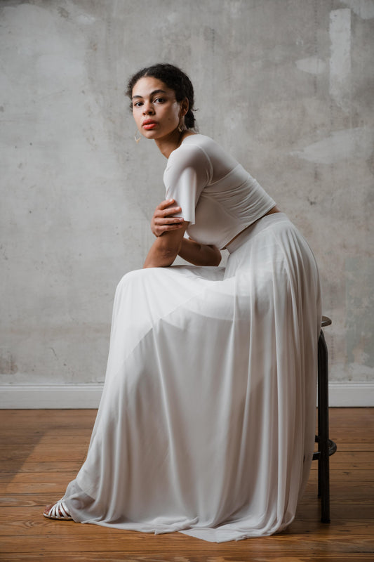 Bodenlanger Boho Brautrock aus gerafftem Chiffon