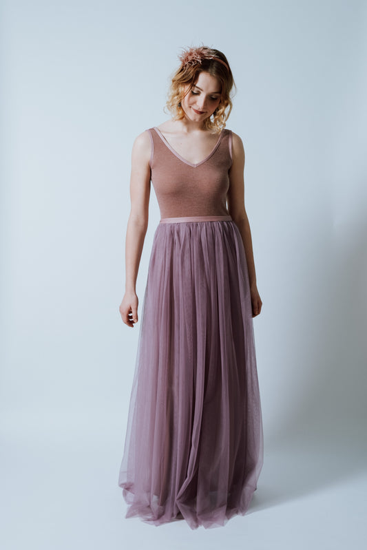 Tüllkleid lang "Lavender" in Rosenholz und ärmellos