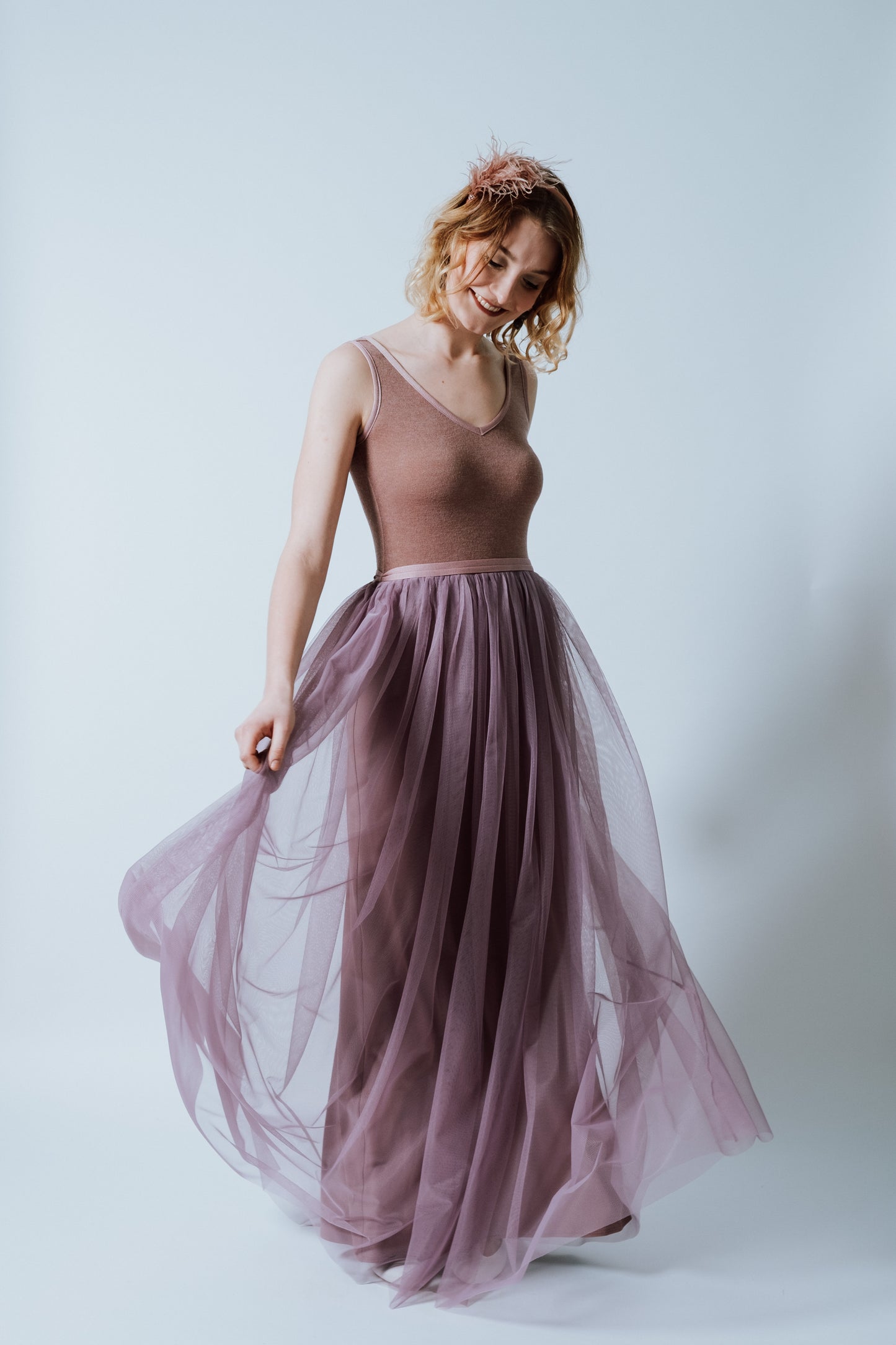 Tüllkleid lang "Lavender" in Rosenholz und ärmellos