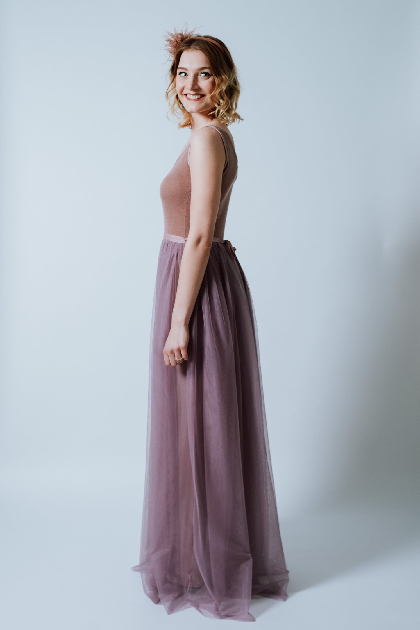 Tüllkleid lang "Lavender" in Rosenholz und ärmellos