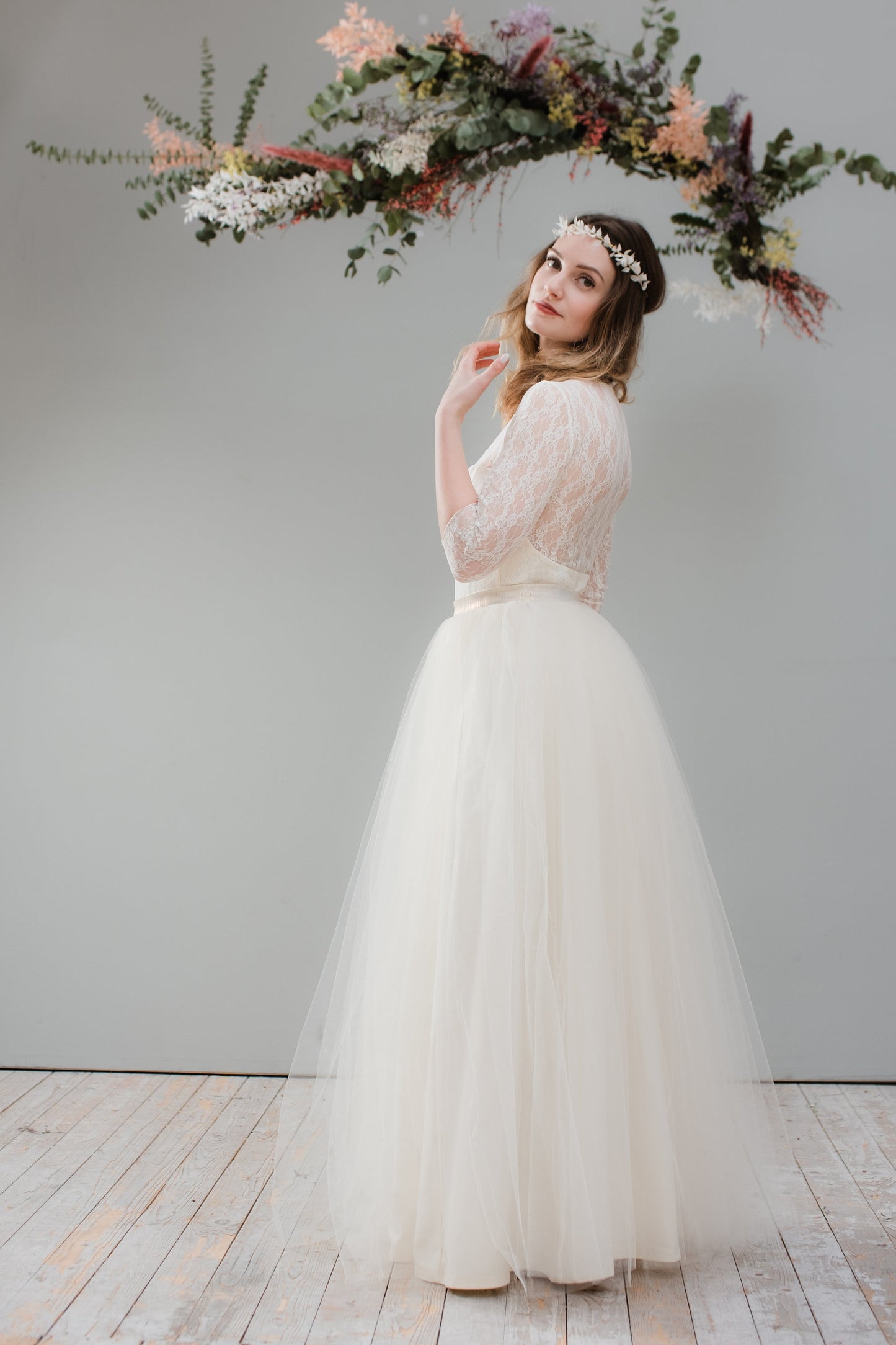 Brautrock mit Tüll in Ivory