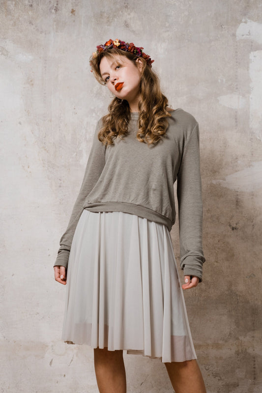 Leinentop Salbei und Chiffonrock Salbei knielang