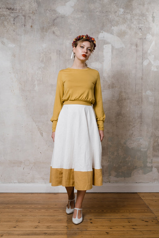 Tellerock aus Leinen cremweiß senfgelb und Croptop in senfgelb