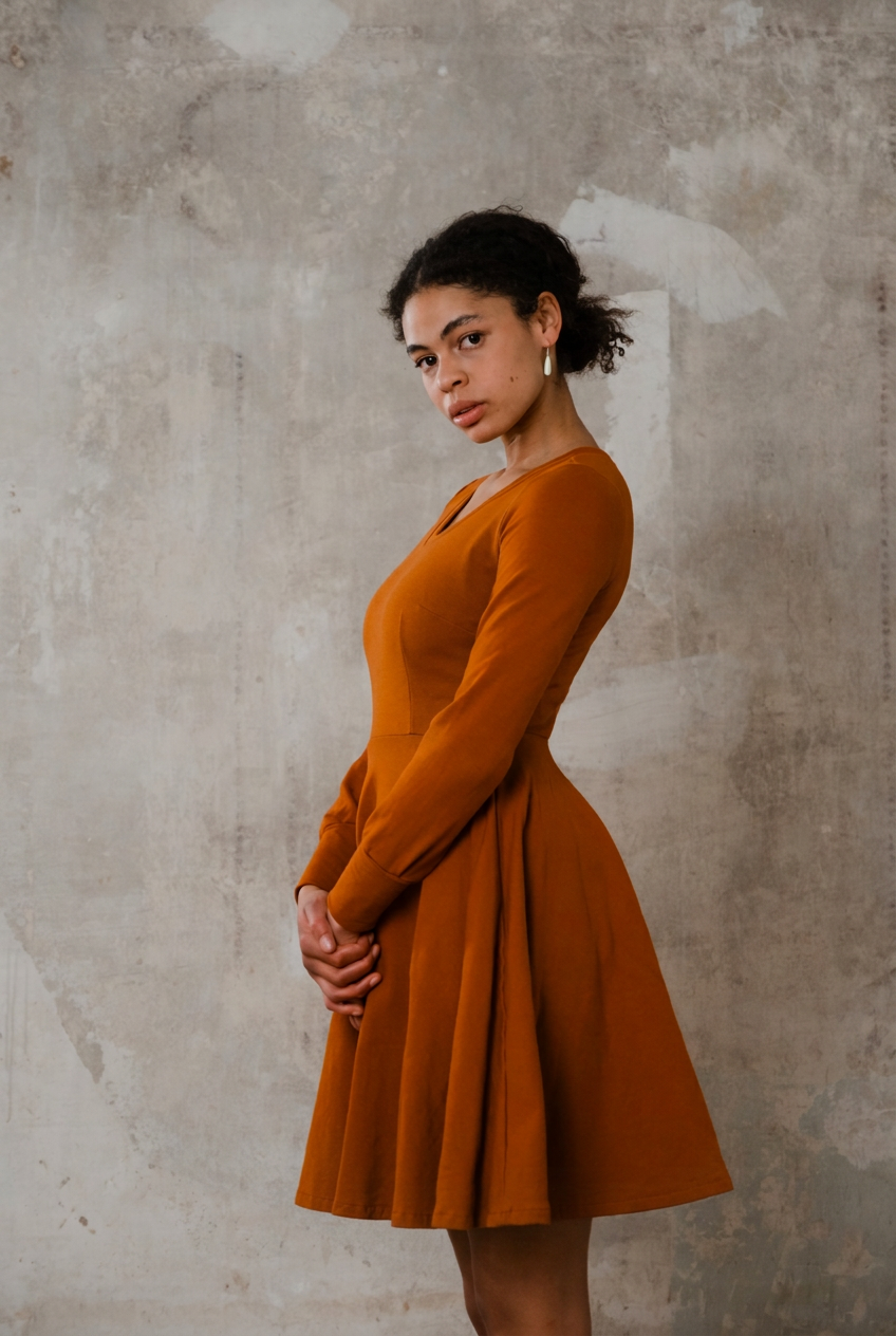 Sweatkleid Cinnamon in Rostrot von der Seite mit langen Ärmeln, tailliertem Schnitt und weit abstehendem Tellerrock