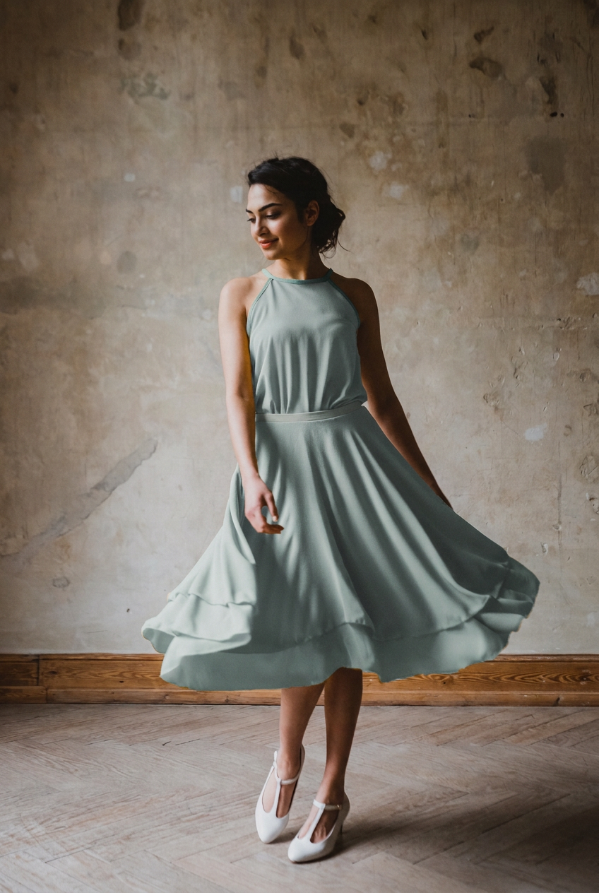 Kleid Tanzmarie in Dusty Mint von vorne mit ärmellosem Oberteil, betonter Taille und zweilagigem Tellerrock mit asymmetrischem Saum 