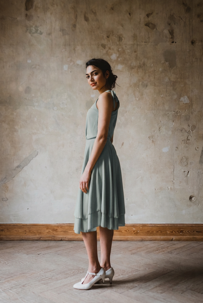 Kleid Tanzmarie in Dusty Mint am Model mit weit schwingendem, zweilagigem Tellerrock und betonter Taille